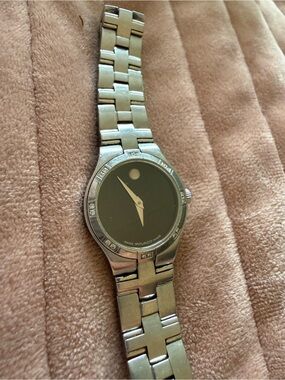 Vintage Movado Silver-Tone Bracelet Watch with Black Dial